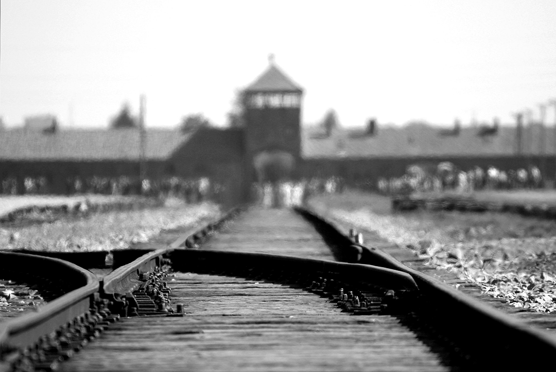 Železniška proga v Auschwitz-Birkenau kot močan opomin na tragično zgodovino in pomen ohranjanja spomina.