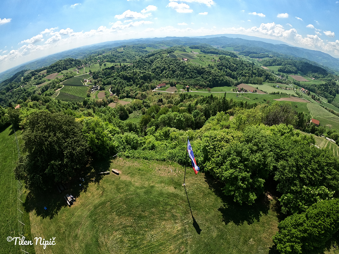 Širok panoramski pogled na doline in griče Svečinskih goric, prepletene z vinogradi in zelenimi gozdovi.